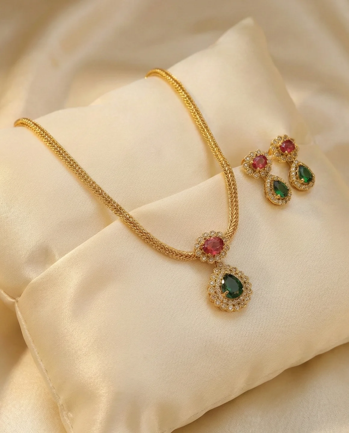Gold-Plated AD Ruby & Green Regal Charm Set