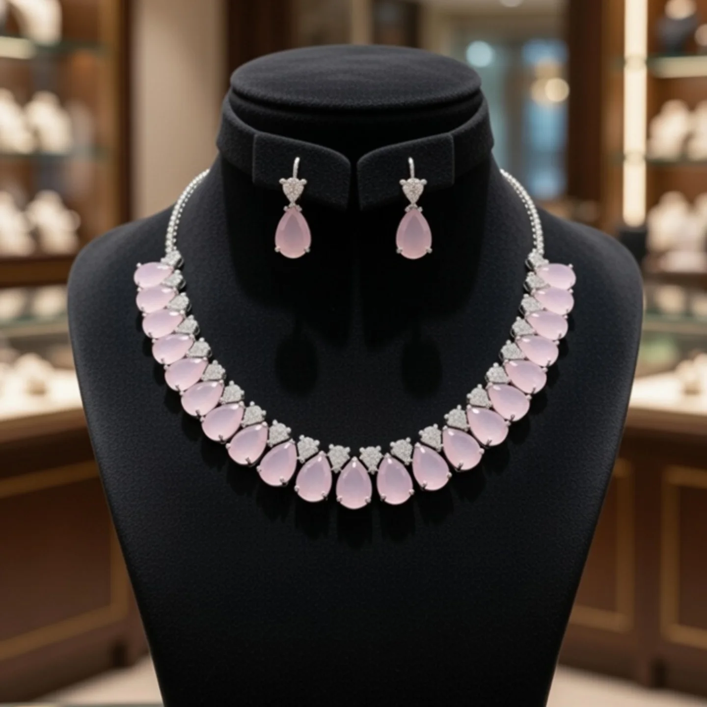 Pink Pearl‑Drop Crystal Necklace & Earring Set