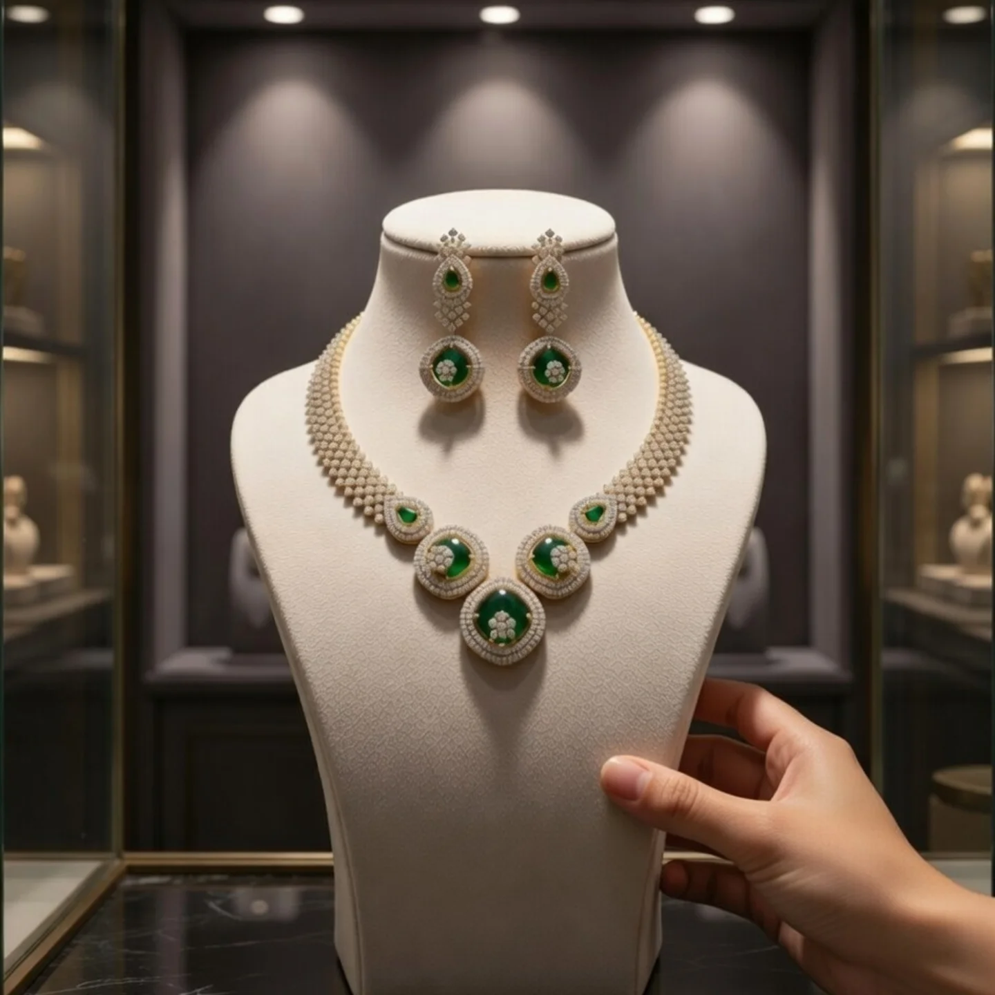 Elegant Emerald & Diamond‑studded Necklace Set