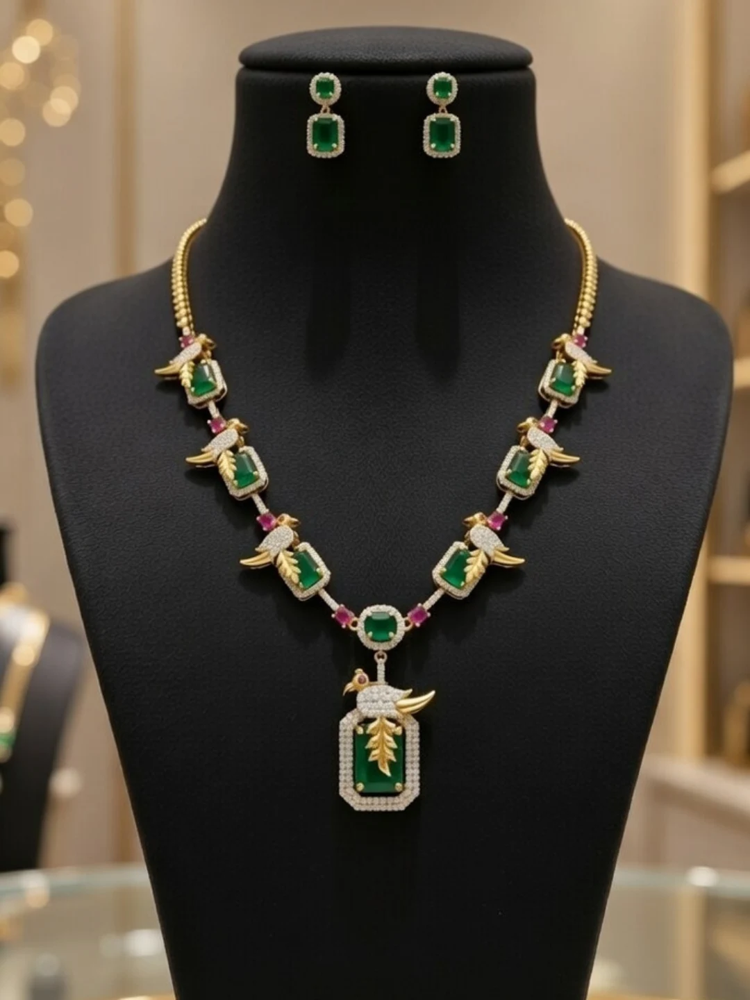 Gold‑Toned Emerald Necklace & Earring set